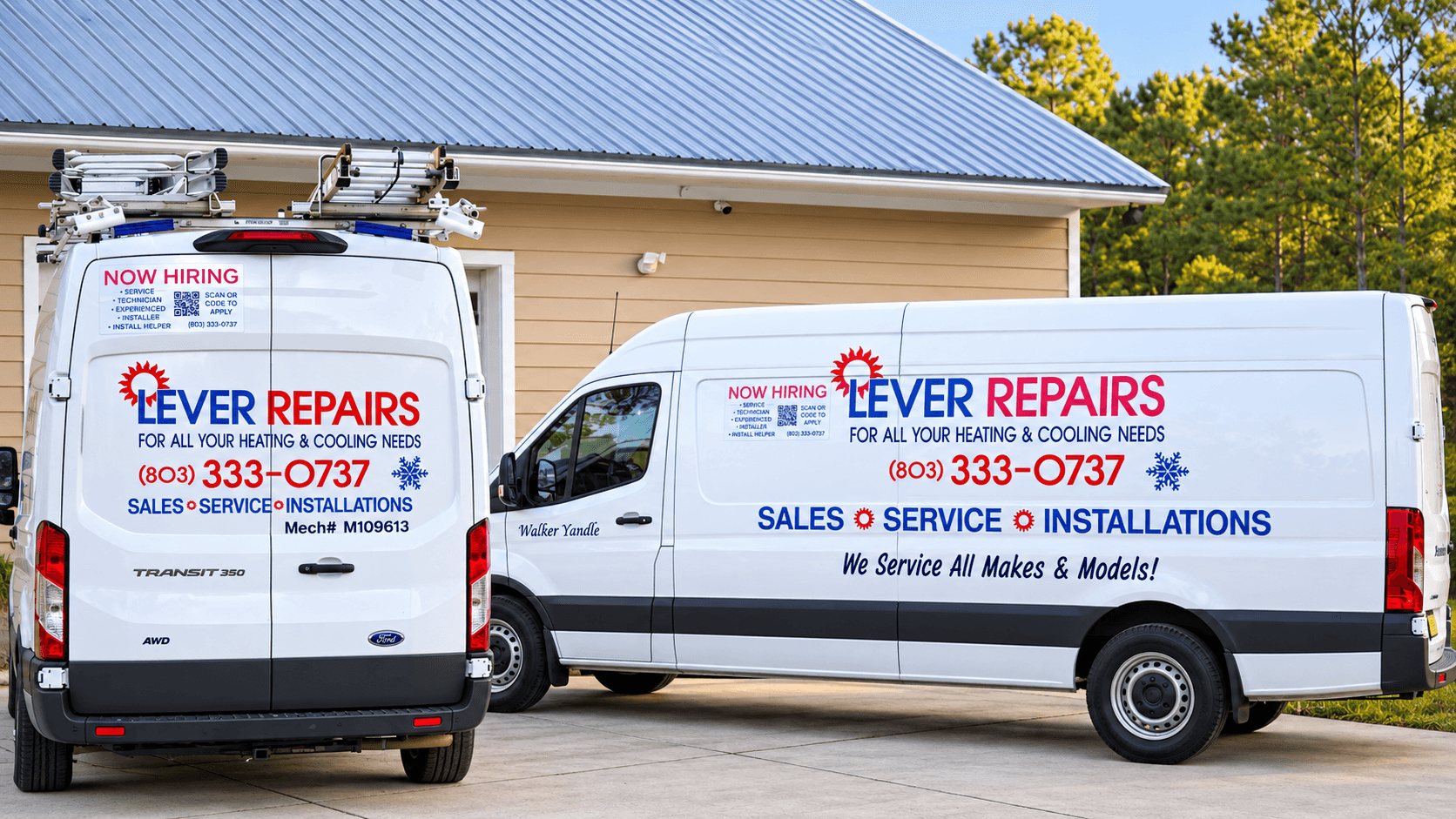Two white Lever Repairs service vans parked side by side, lettered in navy and red with the phone number 803-333-0737